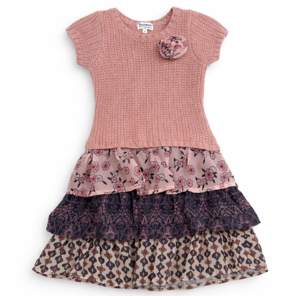 Blueberi Boulevard Girls Boho Tiered Dress Pink Floral Knit Size 6